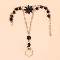 Ensemble bague et bracelet de cheville fleur en zircon noir électroplaqué en alliage, design haut de gamme pour femme, le plus vendu