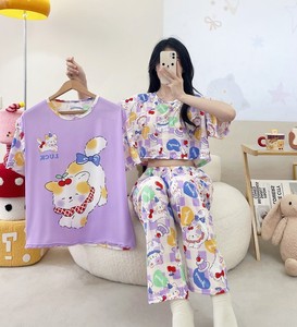 Kadın 3 In1 pijama 2 kısa kollu üst t-shirt 1 pantolon 3 adet Set pijama kore yumuşak ev kıyafeti karikatürler Baju Tidur - Product Image 5