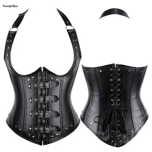 Punk Style Vest Steam <strong>Cupless</strong> Bustier Red Leather Halterneck Underbust <strong>Corset</strong> Tops for Women - Product Image 4