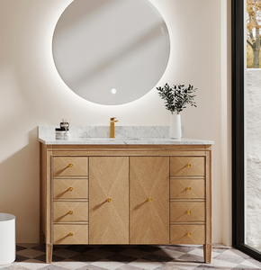 Smartwood Hot Sale Modern Water Resistant Floor Standing Oak Bathroom Vanity Porcelain Basin LED <b>Mirror</b> Painted Finish <b>Rectangle</b> - Product Image 1