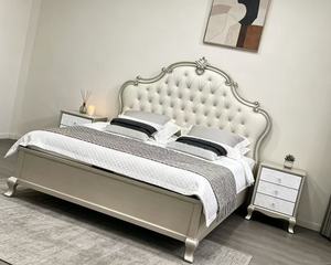 Premium Queen Size Silver Finish <b>Bed</b> With Cream Diamond Tufted Ornate Carved Nailhead Headboard For Luxury Bedroom - Product Image 6