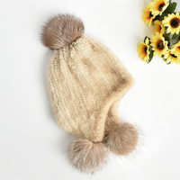 Gorros de invierno de punto de piel de visón genuino para mujer, Gorro con pompón de piel, gorro de bombardero, gorro de esquí de nieve Ushanka Trapper