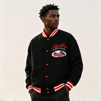 Blouson de baseball vintage noir pour homme, style preppy oversize, broderie graphique raisin, rayures rouges, veste bomber universitaire
