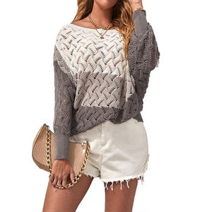 Suéter de Manga Larga con Bloques de Color y Diseño Calado Transpirable, Suéter Versátil con Cuello Redondo, Top Delgado y Moderno para Mujer para Primavera y Otoño - Product Image 5