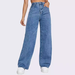 All'ingrosso autunno <span class=keywords><strong>donna</strong></span> <span class=keywords><strong>Jeans</strong></span> lavato blu svasato Logo del cliente alto a <span class=keywords><strong>vita</strong></span> alta con bottoni elastici <span class=keywords><strong>Jeans</strong></span> da <span class=keywords><strong>donna</strong></span> - Product Image 1