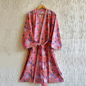 Bata Kimono de Algodón Estampada a Mano para Mujer, Manga Larga, Estilo Túnica de Baño, Ropa de Playa, Ropa de Descanso - Product Image 1