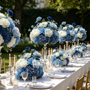 Décoration de table de mariage ou de fiançailles en fleurs artificielles ovales bleues et blanches - Product Image 3