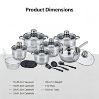 Set Peralatan Masak Stainless Steel Premium 18-Piece, Termasuk Casserole, Saucepan, Frypan, Tutup Kaca, Termometer, Gagang, Kompatibel dengan Induksi