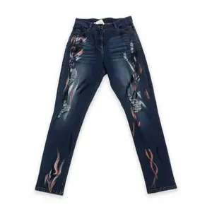 Lanwo Custom Design High Quality Cotton Paint Print Blue Denim Ripped Skinny Jeans For Men