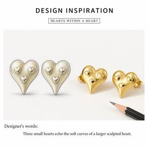 Pendientes de Corazón en Acero Inoxidable con Baño de Oro de 14K, Diseño de Corazón Triple Esculpido, Acabado Pulido - Product Image 4