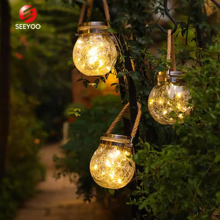 Noel açık bahçe Bar dekor LED dize gece lambası çatlak top cam kavanoz lamba asılı su geçirmez Led güneş bahçe ışıkları
