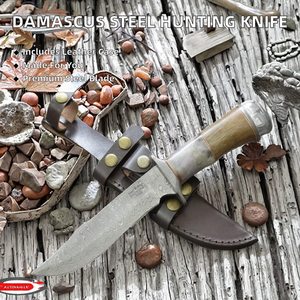 Cuchillo de Caza de Acero de Damasco de Alta Calidad, Hoja de Punta Caída de Espiga Completa, Personalizable con Lámina de Cuero, OEM, Madera de Palisandro y Hueso, 12 Pulgadas - Product Image 2