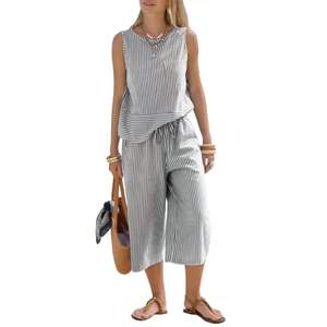 Conjunto de Camisa y Pantalones sin Mangas con Cuello Cuadrado y Rayas Tejidas para Mujer, Transpirable, Casual, Elegante, para Vacaciones de Verano y Playa - Product Image 3