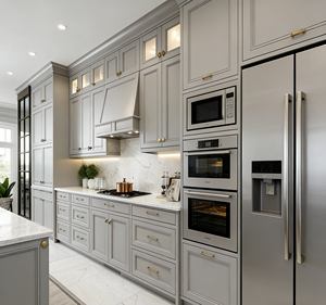 Muted Gray Modern <b>Kitchen</b> Cabinet Set - Brass Hardware & <b>Island</b> Design, Luxury Multi-Zone <b>Storage</b> for Stylish Homes - Product Image 6