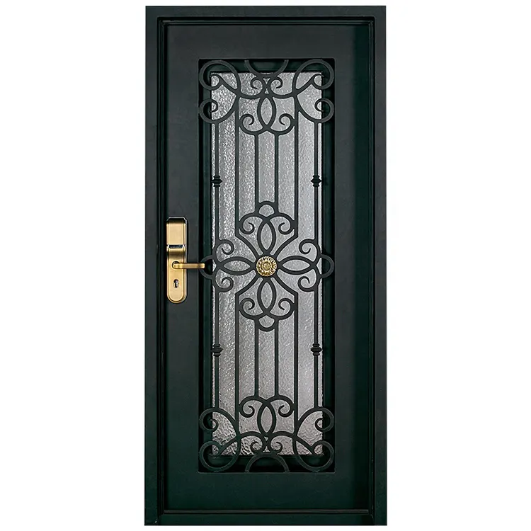 Puertas de puerta de metal elegantes para habitación interna moderna, diseños interiores de vidrio decorativo de una sola hoja, puerta de entrada frontal de hierro forjado