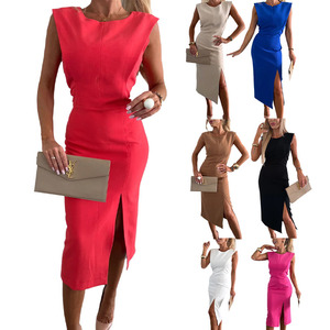 Nouvelle Robe d'été élégante à col rond sans manches, fendue sur le côté, couleur unie, coupe ajustée, décontractée, pour soirée et sorties nocturnes, style trapèze pour <span class=keywords><strong>femme</strong></span> - Product Image 6