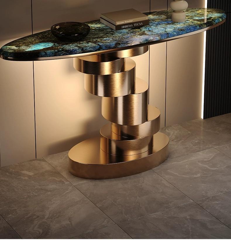 Mid-Century Modern Stainless Steel Console Table with Wood Panel – Contemporary Entryway & Living Room Furniture for Home Décor