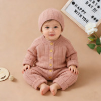Ensemble barboteuse et bonnet en tricot côtelé pour nouveau-né, combinaison en tricot rose pour bébé fille avec bonnet assorti, vêtements pour bébé en coton doux