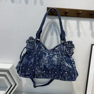 2022 Canvas Casual Mode Persoonlijkheid Schouder Tas Diamant Dames Denim Tas