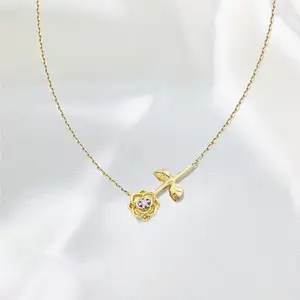 Thép Không Gỉ 14K/18K Vàng Mạ 3D Rose Flower Mặt Dây Chuyền Vòng Cổ Với Trắng Cubic Zirconia