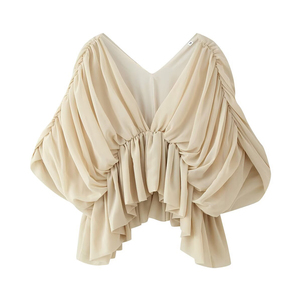 Camicetta da donna personalizzata 2026 stile francese con scollo a V profondo, top a strati con volant a pipistrello e dettagli arricciati, OEM/ODM da fabbrica cinese - Product Image 1