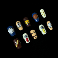 Faux ongles carrés courts à presser, motif dessin animé petit-déjeuner alimentaire peint à la main, en gel fait main, réutilisables, ajustement personnalisé, à coller