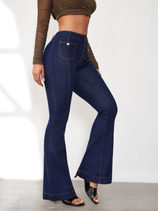 Nouveau design, <span class=keywords><strong>jean</strong></span> <span class=keywords><strong>bleu</strong></span> <span class=keywords><strong>marine</strong></span> pour <span class=keywords><strong>femme</strong></span>, coupe ajustée, poches, boutons, pantalon évasé, taille basse, logo de marque personnalisé, <span class=keywords><strong>jean</strong></span> vierge - Product Image 3