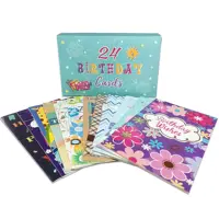 Disegni assortiti personalizzati hot stamp carte di compleanno in scatola di lamina d'oro bulk 24 biglietto d'invito di buon compleanno per adulti e bambini