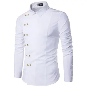 Toptan/özelleştirmek uzun kollu slim fit altın düğme kruvaze yaka beyaz erkek elbise gömlek