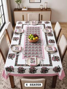 Nappe de table moderne à motifs floraux imprimés à la main en 100 % coton avec serviettes pour 6 personnes, usage domestique - Product Image 4