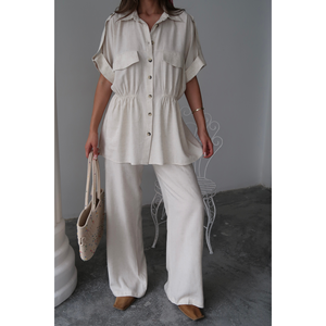 Conjunto de Camisa y Pantalones de Lino con Cintura Ajustable con Cordón para Mujer, Talla S - Product Image 5