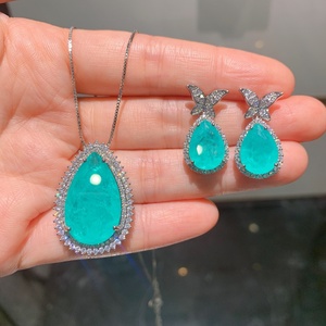 Fashionable Eco-friendly Copper Pear Cut 15*25mm Blue Zircon Teardrop Pendant and <b>Earrings</b> <b>Set</b> Butterfly Jewelry <b>Set</b> for Women - Product Image 1