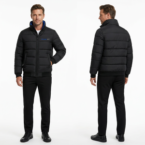 Men's Winter Puffer <b>Jacket</b> Stand Collar Zipper Closure Windproof Casual 100% Polyester Material Solid Color - Product Image 1