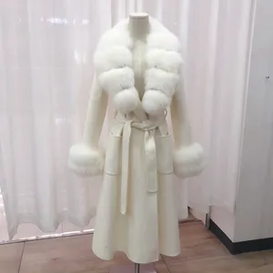 Handmade Sew Real Fox Fur Collar cuffs Belt Design Slim Fit Long Cashmere Coat Winter Women Fashion Wool Cashmere Coat