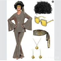 Costume disco des années 70 pour femmes, ensemble pantalon pattes d'éléphant métallisé scintillant avec perruque afro, lunettes, tenue rétro pour fête d'Halloween