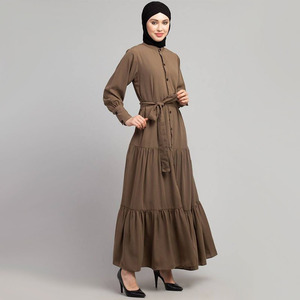 Dubai Giản Dị Cổ Tròn Dài Tay Áo Maxi Dress Kaki Phía Trước Mở Thu Thập diềm Xếp Nếp Vành Đai Hồi Giáo Phụ Nữ Abaya Ăn Mặc - Product Image 3