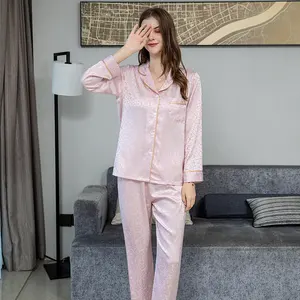 High Quality Home Ice Silk Pajama Sets Long Sleeve Pyjama Sleepwear Homewear Night Wear 2 Pcs Sets