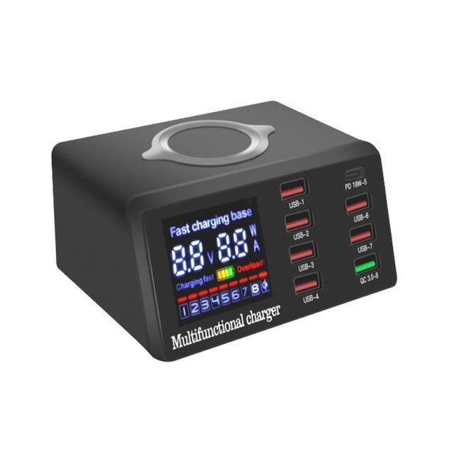 8-Port Desktop Charging Station with Quick Charge 3.0 USB Port, Type C Port and LCD Display for Smart Phones, Tablet and More
