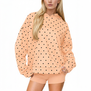 Sweat-shirt à capuche en tricot surdimensionné pour femmes, à pois pêche, avec poches, épaules tombantes, manches longues, style automne, 100% coton - Product Image 1