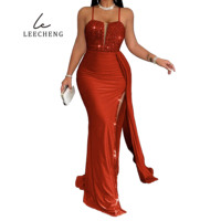 Rotes Pailletten-Sommer-Maxikleid mit Spaghettiträgern, schulterfrei, hohem Seitenschlitz, Spitze, offenem Rücken, Meerjungfrauen-Silhouette, Schleppe