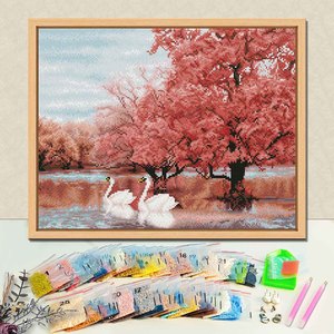 Kit de broderie diamant DIY avec cadre, motif paysage rectangulaire, cygnes et mangroves, strass en cristal à foret rond - Product Image 1