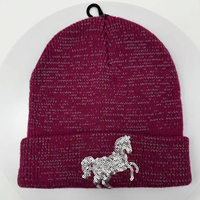 Bonnet unisexe en tricot côtelé avec bordure réfléchissante, broderie de paillettes logo cheval, chaud pour l'hiver, sécurité nocturne en extérieur