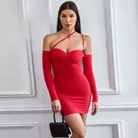 Robe moulante mini pour femme, sans manches, bretelles spaghetti, sexy, rouge uni, coupe ajustée, polyester, tenue de soirée ODM
