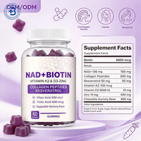 Complément alimentaire pour la peau en gommes OEM 6 en 1 NAD+ Resvératrol Berbérine Biotine, gommes NAD Resvératrol Collagène Zinc Vitamine K2 D3 pour la peau