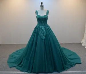 Robe de princesse de luxe en Jade vert, grande traîne, sans manches, robe de mariée perlée