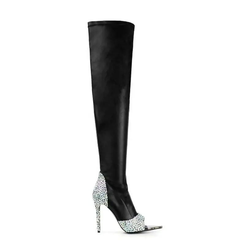 AB287MD Stiletto Diamond Peep Toe Over The Knee Boots High Heel Leather Zipper Pointed Toe Thigh High Boots Women Shoes