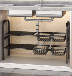 Étagère de rangement double niveau multifonctionnelle en acier au carbone pour évier, panier de rangement sous évier pour cuisine et salle de bain, accessoires d'organisation d'évier - Product Image 2