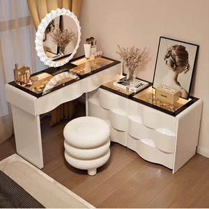 Bàn trang điểm gỗ nguyên khối hiện đại màu trắng có ngăn chứa đồ và gương có đèn cho phòng ngủ và căn hộ - Product Image 2