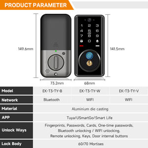 Serrure de <span class=keywords><strong>porte</strong></span> intelligente à empreintes digitales standard US avec application Tuya et vidéo bidirectionnelle, compatible avec les portes en acier, déverrouillage par mot de passe/carte/clé/application - Product Image 3