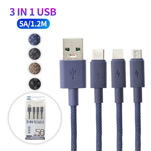 SD-288 3 in 1 Type-C Micro USB 5A Fast Charging Data Cable for Android iPhone 1.2M Braided PVC Durable
